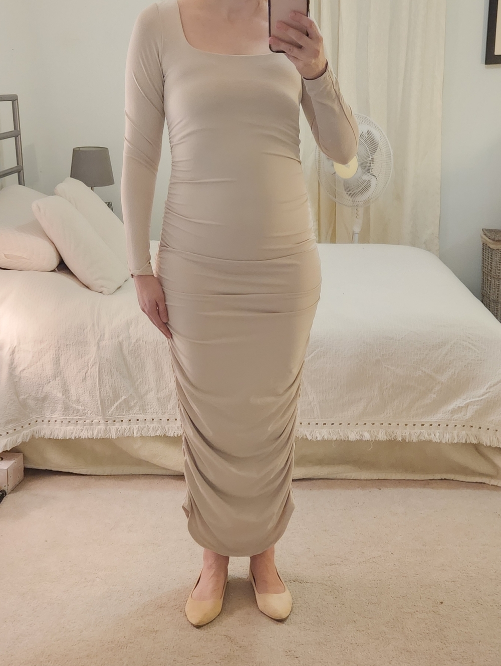 SHEIN MOTF Beige Long Sleeve Ruched Maxi Dress